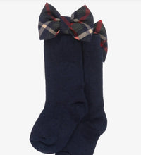 Load image into Gallery viewer, PATACHOU Girls Navy Blue Tartan Bow Cotton Socks