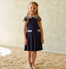 Load image into Gallery viewer, PATACHOU Girls Navy Blue Cotton Jersey Dress with White Trims