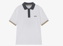 Load image into Gallery viewer, BOSS Boys White Cotton Polo Shirt with Blue & Beige Trims