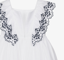 Load image into Gallery viewer, PATACHOU Girls White Cotton Dress with Navy Blue Embroidered Ruffles