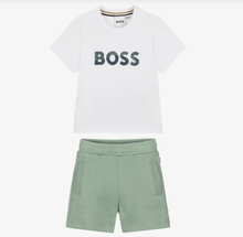 Load image into Gallery viewer, BOSS Boys White T-Shirt & Green Cotton Shorts Set