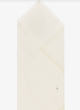 Load image into Gallery viewer, PAZ RODRIGUEZ Ivory Wool Baby Shawl with Lace Trim (100cm)