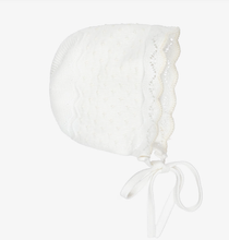 Load image into Gallery viewer, PAZ RODRIGUEZ Ivory Cotton Knit Baby Bonnet with Knot Stitch Detail