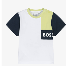 Load image into Gallery viewer, HUGO BOSS Boys White & Blue Colourblock Cotton Piqué T-Shirt