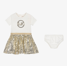Load image into Gallery viewer, MICHAEL KORS Girls Ivory Jersey & Gold Sequin Dress