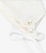 Load image into Gallery viewer, PAZ RODRIGUEZ Ivory Cotton Knit Baby Bonnet with Knot Stitch Detail