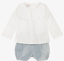 Load image into Gallery viewer, PAZ RODRIGUEZ Boys Ivory & Blue Shorts Set
