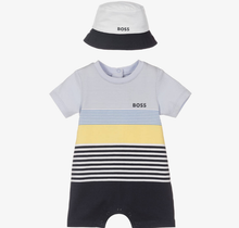 Load image into Gallery viewer, HUGO BOSS Baby Boys Blue Stripe Shortie & Hat Set