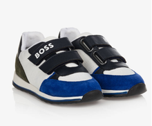 Load image into Gallery viewer, HUGO BOSS Boys White & Blue Velcro Trainers