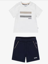 Load image into Gallery viewer, BOSS Boys Navy Blue Cotton Shorts Set with Signature Stripes
