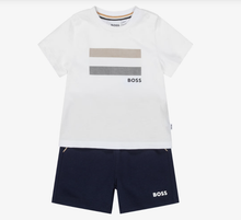 Load image into Gallery viewer, BOSS Boys Navy Blue Cotton Shorts Set with Signature Stripes
