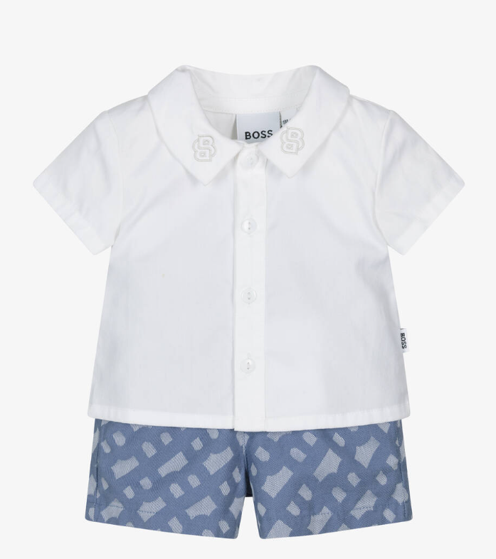 HUGO BOSS Girls White & Blue Cotton Shorts Set