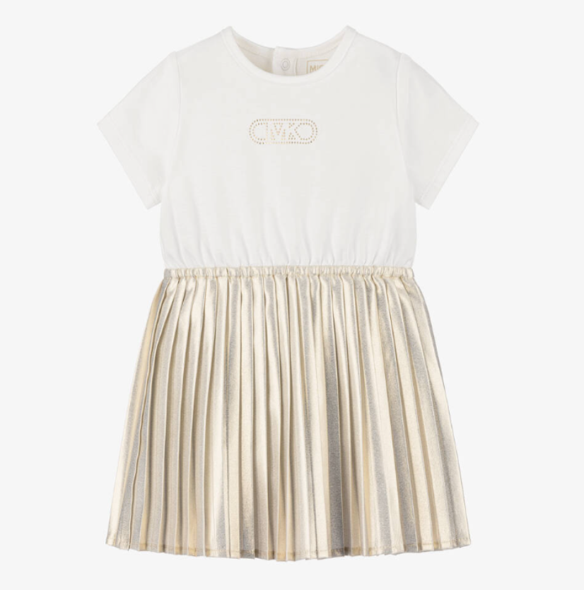 MICHAEL KORS KIDS Baby Girls Ivory & Gold Pleated Dress
