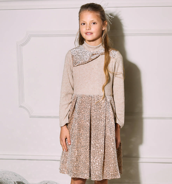 PATACHOU Girls Beige & Gold Sequin Velour Dress