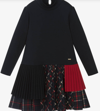 Load image into Gallery viewer, PATACHOU Girls Navy Blue Jersey &amp; Tartan Dress
