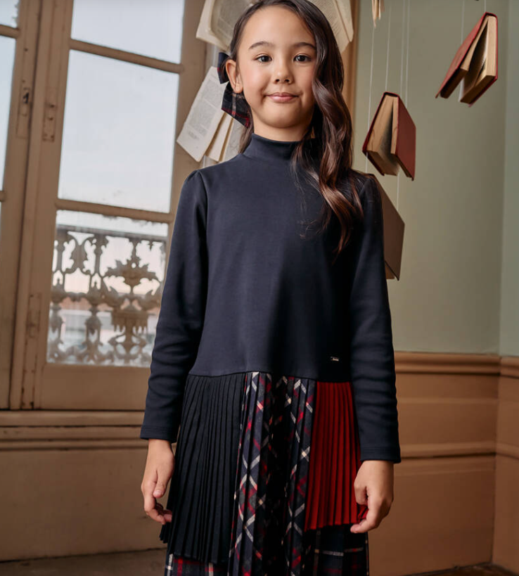 PATACHOU Girls Navy Blue Jersey & Tartan Dress