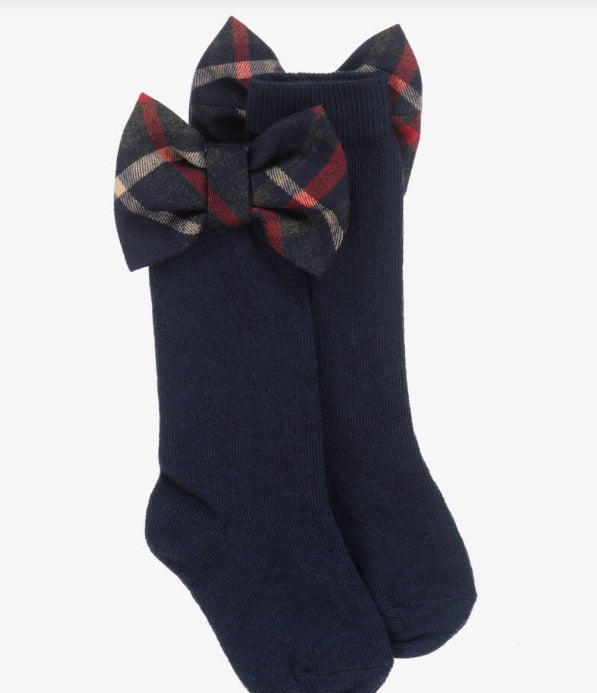 PATACHOU Girls Navy Blue Tartan Bow Cotton Socks