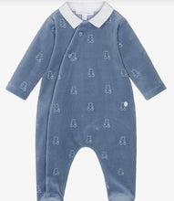 Load image into Gallery viewer, PATACHOU Boys Blue Velour Babygrow with Embroidered Teddy Bears
