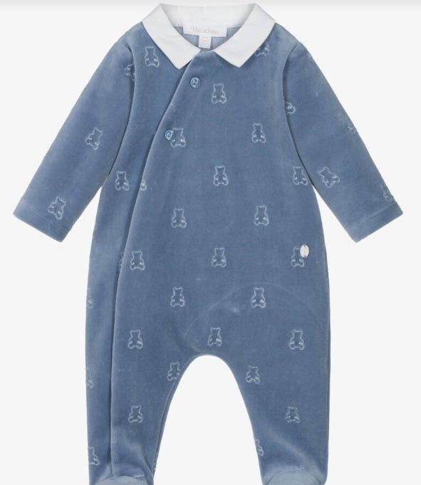 PATACHOU Boys Blue Velour Babygrow with Embroidered Teddy Bears
