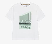 Load image into Gallery viewer, BOSS Boys White Cotton T-Shirt with Green Logo Print
