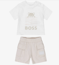 Load image into Gallery viewer, BOSS Baby Boys White &amp; Beige Cotton &amp; Linen Shorts Set
