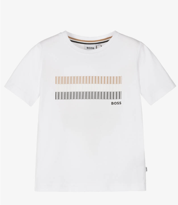 HUGO BOSS Boys White Stripe Logo Cotton T-Shirt