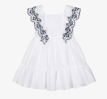 Load image into Gallery viewer, PATACHOU Girls White Cotton Dress with Navy Blue Embroidered Ruffles
