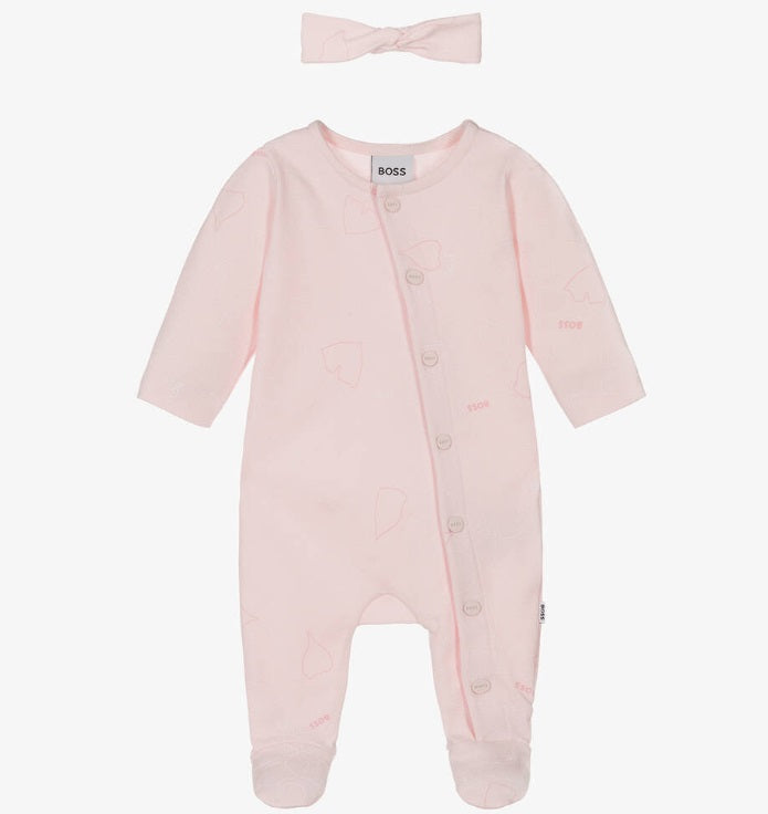 HUGO BOSS Girls Pink Ginkgo Leaf Babysuit Set