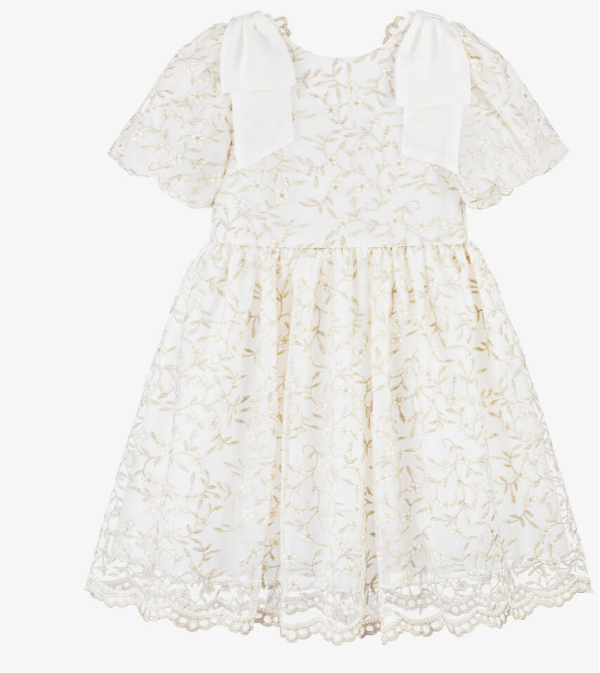 PATACHOU Girls Ivory & Gold Embroidered Tulle Dress