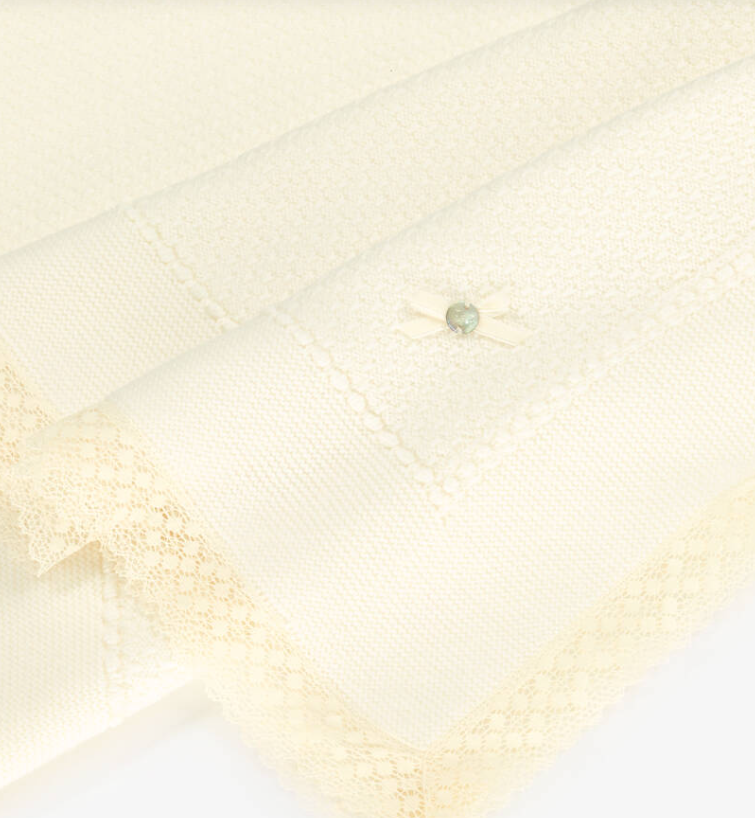 PAZ RODRIGUEZ Ivory Wool Baby Shawl with Lace Trim (100cm)