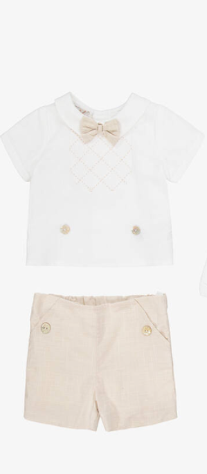 PAZ RODRIGUEZ Baby Boy Beige Cotton & Linen Buster Suit Set