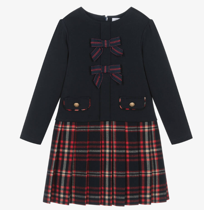 PATACHOU Girls Navy Blue Jersey & Tartan Flannel Dress