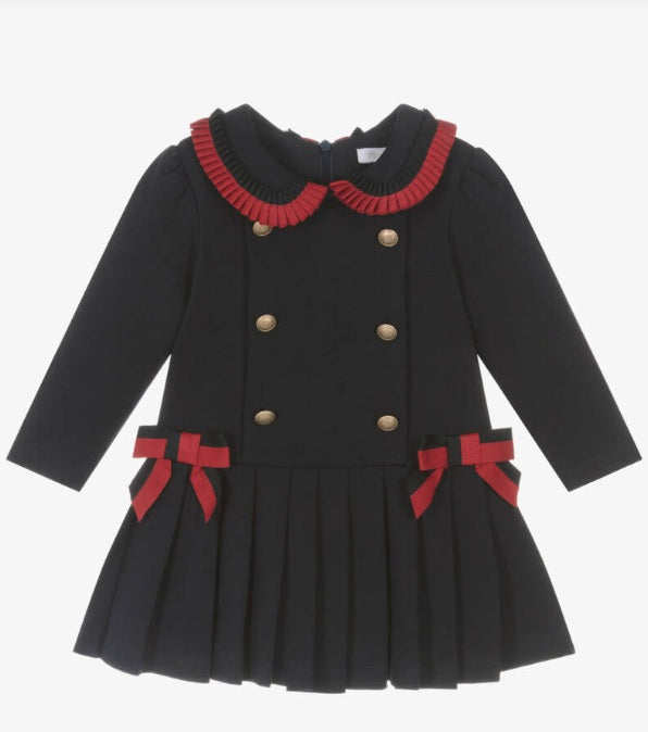 PATACHOU Girls Navy Blue Ribbon & Button Trim Cotton Jersey Dress