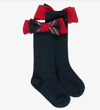 Load image into Gallery viewer, PATACHOU Girls Navy Blue Socks with Red Tartan Bows
