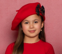 Load image into Gallery viewer, PATACHOU Girls Red &amp; Blue Tartan Bow Wool Beret
