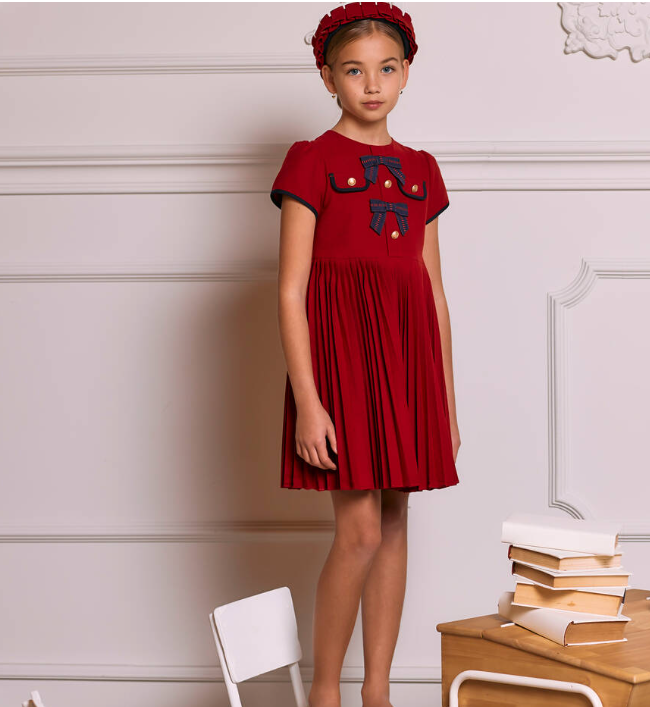 PATACHOU Girls Red Pleated Twill Dress