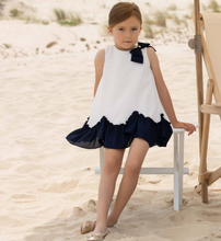 Load image into Gallery viewer, PATACHOU Girls White &amp; Navy Blue Chiffon Bow Dress
