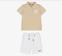 Load image into Gallery viewer, BOSS Boys White &amp; Beige Cotton Piqué Shorts Set with Logos
