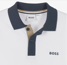 Load image into Gallery viewer, BOSS Boys White Cotton Polo Shirt with Blue &amp; Beige Trims
