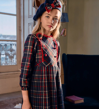 Load image into Gallery viewer, PATACHOU Girls Navy Blue &amp; Red Tartan Dress with Velvet Trims
