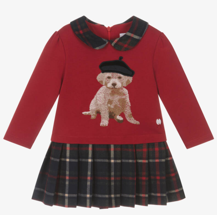 PATACHOU Girls Red Cotton Jersey & Tartan Dress