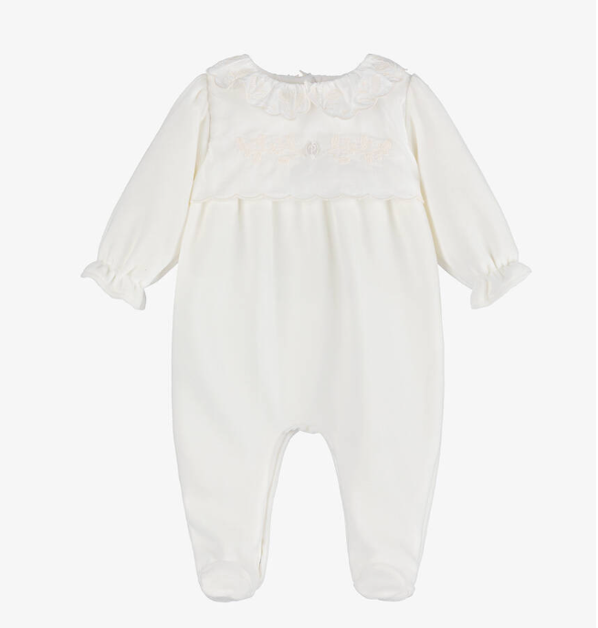 PATACHOU Girls Ivory Embroidered Velour Babygrow