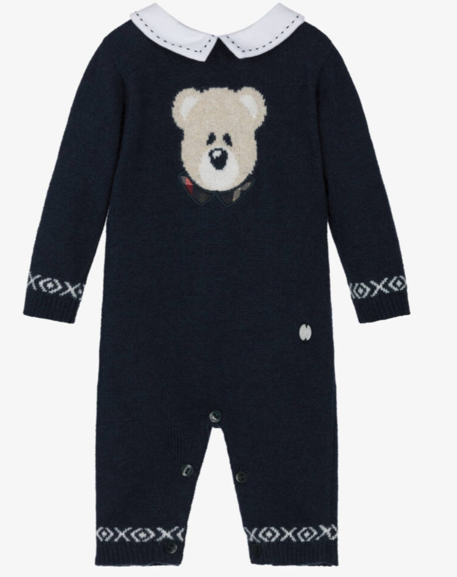 PATACHOU Baby Boys Blue Merino Wool & Cashmere Knit Bear Romper