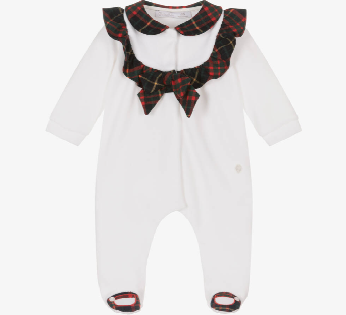 PATACHOU Girls White Cotton Velour & Tartan Babygrow