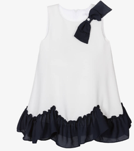 Load image into Gallery viewer, PATACHOU Girls White &amp; Navy Blue Chiffon Bow Dress
