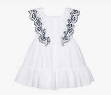 Load image into Gallery viewer, PATACHOU Girls White Cotton Dress with Navy Blue Embroidered Ruffles

