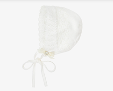Load image into Gallery viewer, PAZ RODRIGUEZ Ivory Merino Wool Lacey Knit Baby Bonnet
