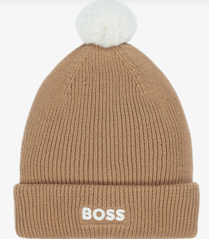 BOSS Boys Beige Knitted Cotton Pom-Pom Hat