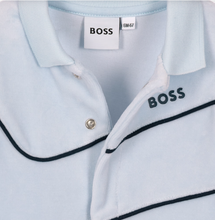 Load image into Gallery viewer, BOSS Baby Boys Pale Blue Velour Babygrow
