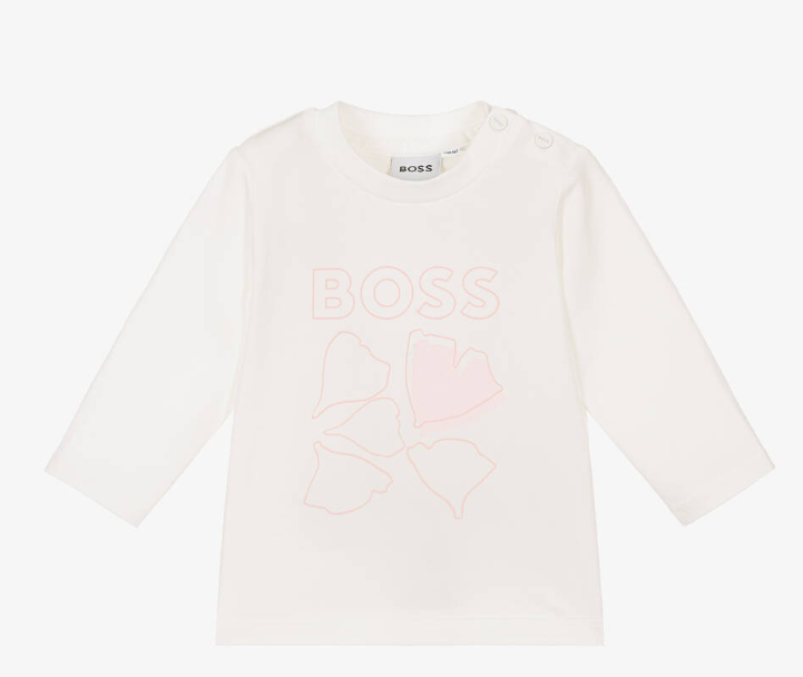 HUGO BOSS Girls Ivory Cotton Ginkgo Leaf Top